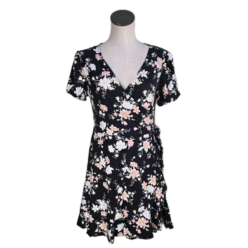 No Boundaries Floral Knit Faux Wrap Mini Dress Stretchy Size Junior L / Adult M